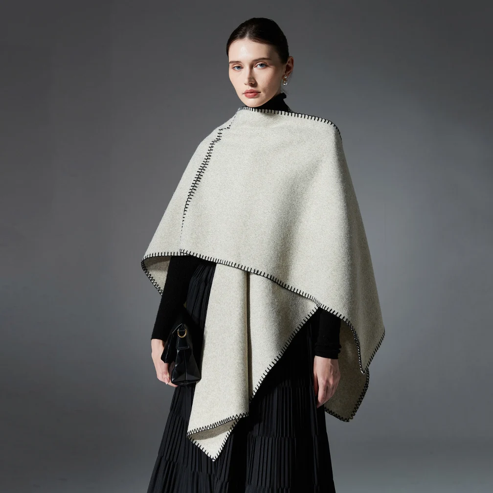 Simple Noble Nordic Style Double Faced Woolen Cape Coat Fashion Overlock Cashmere Loose Outerwear Women Fall Winter Cloak Wraps