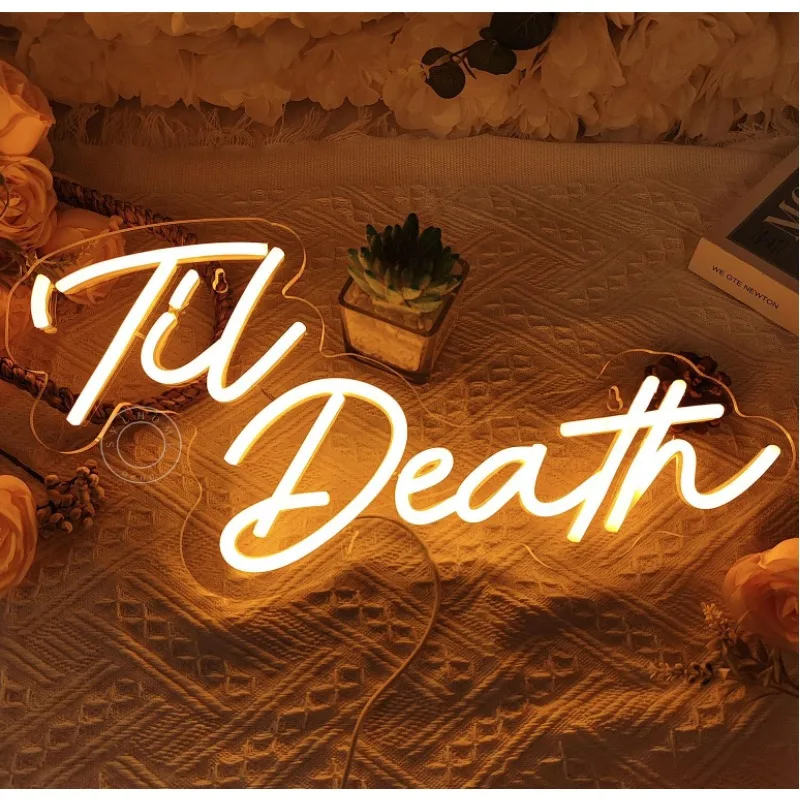 'Til Death LED colgante de pared para boda, fiesta de cumpleaños, hogar, Bar, Pub, regalos de Navidad, USB 5V, 16,9 "X 8,7", interior, blanco cálido