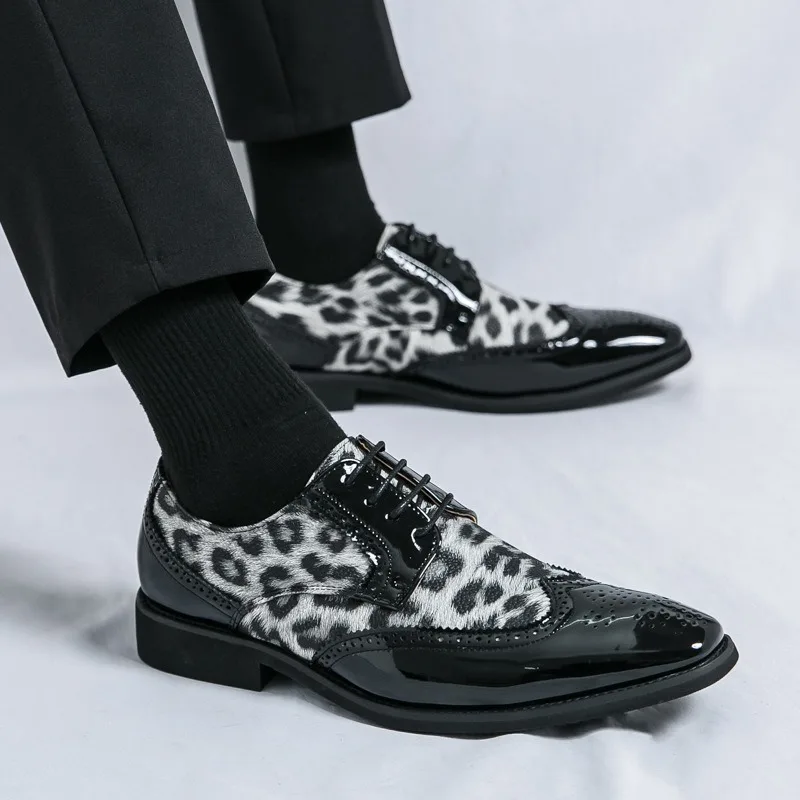 designer pointed toe leopard formal shoes man luxury brogues wedding dress office shoes man casual business zapatos derby