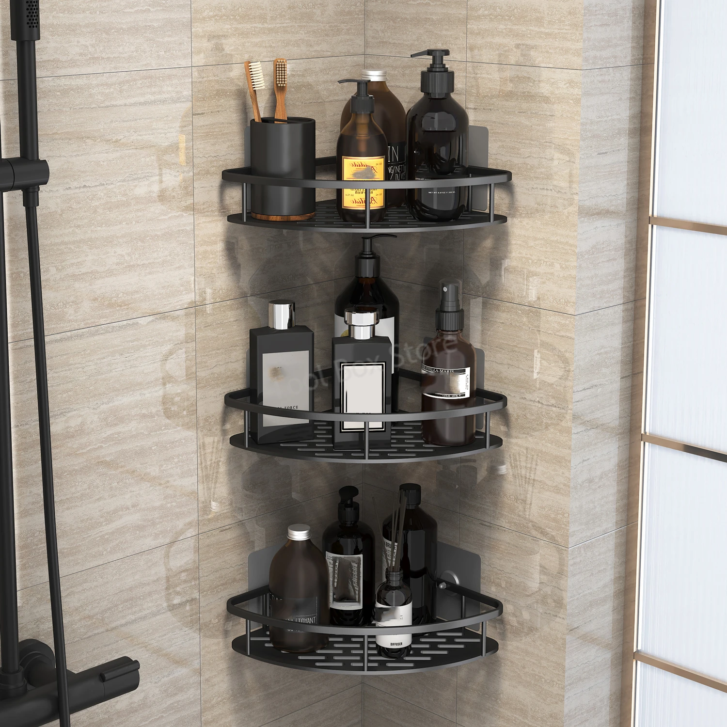 Bathroom Kitchen Shelf Storage Organizer No Drill Shelf Shower Hanging Basket Corner Shelf Shampoo Holder Bathroom Accessories