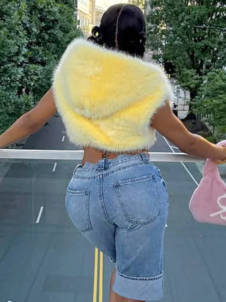 

kliou Soid Fur Hooded Tanks Women Fall Chic Soft Zip-up Skinny Bare Midriff Top Classic Simple Female Street All-matched Jackets