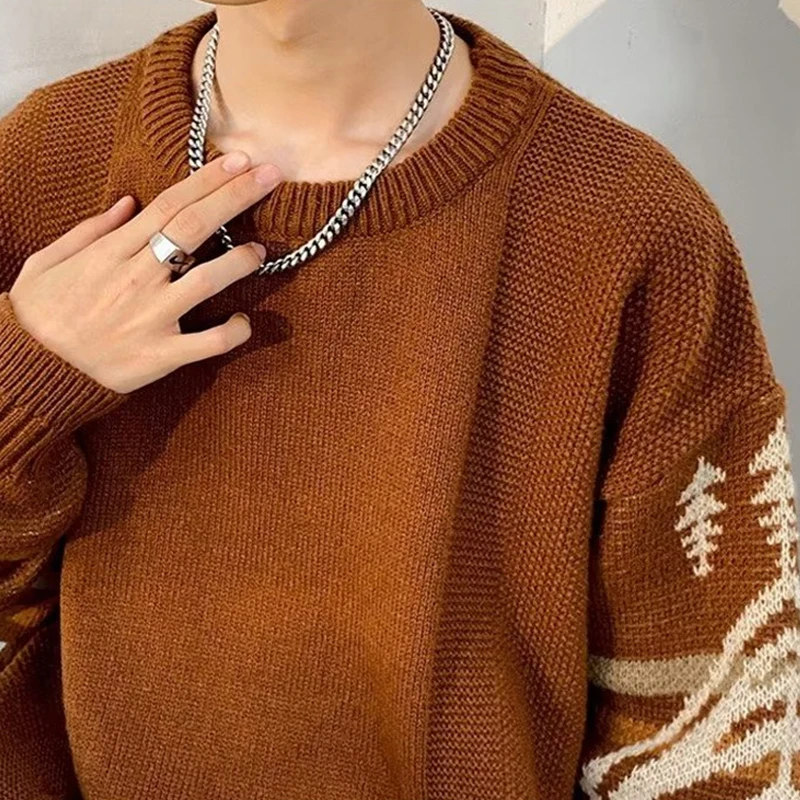 เสื้อสเวตเตอร์ไหมพรมคอโอทรงเอธนิคสำหรับผู้ชายสไตล์ฤดูใบไม้ร่วง Y2K วินเทจ สตรีทแวร์  รุ่นใหม่ล่าสุดปี 2025 ลายพิมพ์ลำลองสำหรับผู้ชาย
