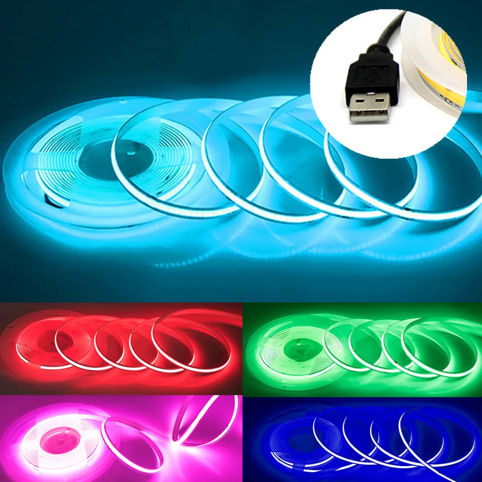 USB LED COB Strip Light, Faixa LED branca quente, Fita de iluminação de fundo TV, Lâmpada para decoração de casa, DC 5V, 1- 5m