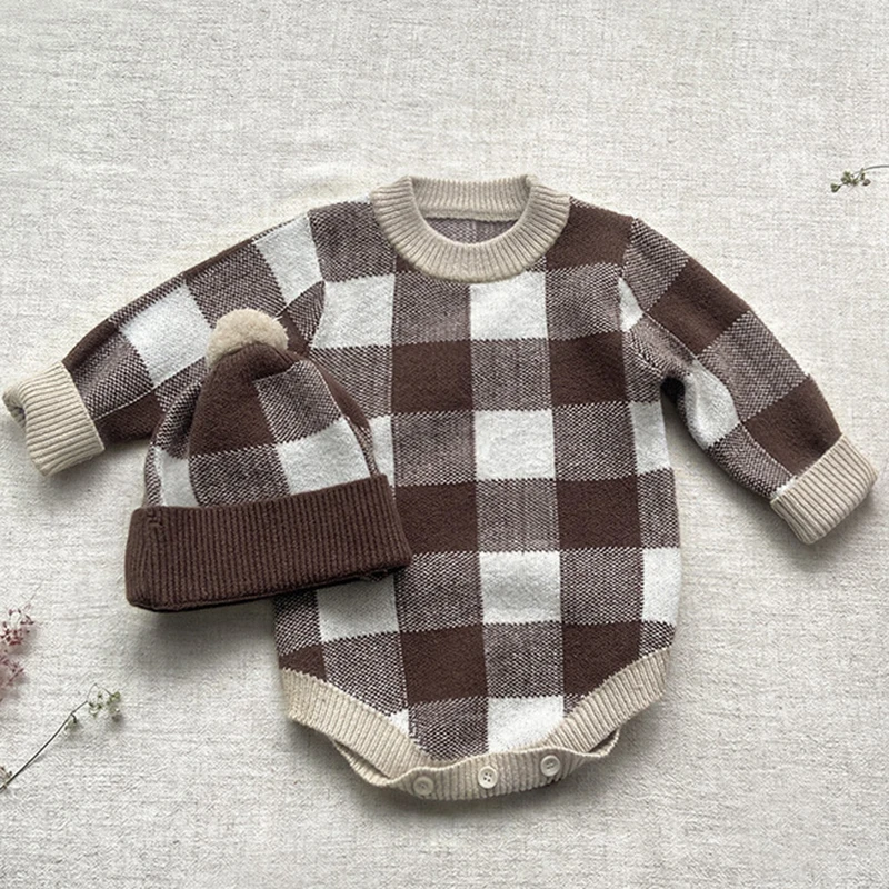 Children Clothes Autumn Spring Toddler Baby Girls Boys Lattice Knitting Romper+Hat Infant Baby Boys Girls Knitting Jumpsuit