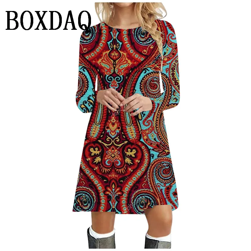 Mini robe à manches longues et col rond pour femmes, vêtements respirants, motif Boho imprimé, vintage, décontracté, automne, hiver, 2024