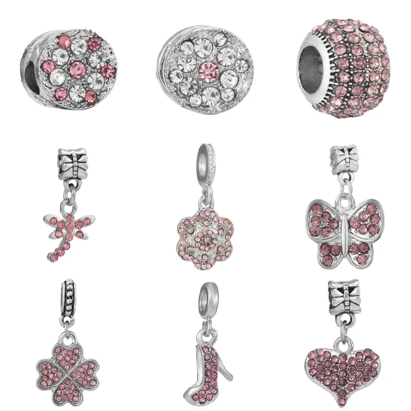 Nieuwe 925 Silve Vergulde Roze Serie Diamant Vlinder Gewricht Kralen Legering Bedels Armband Hanger Voor Pandora Sieraden Maken Diy Cadeau