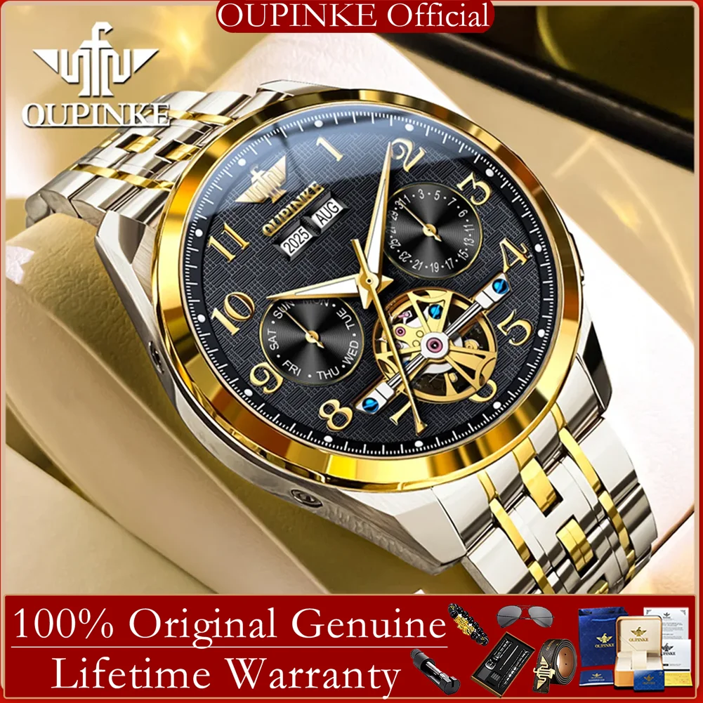 

OUPINKE мужские часы со скелетонизированным маховиком, роскошные полые многофункциональные автоматические механические наручные часы с цифровым циферблатом для мужчин