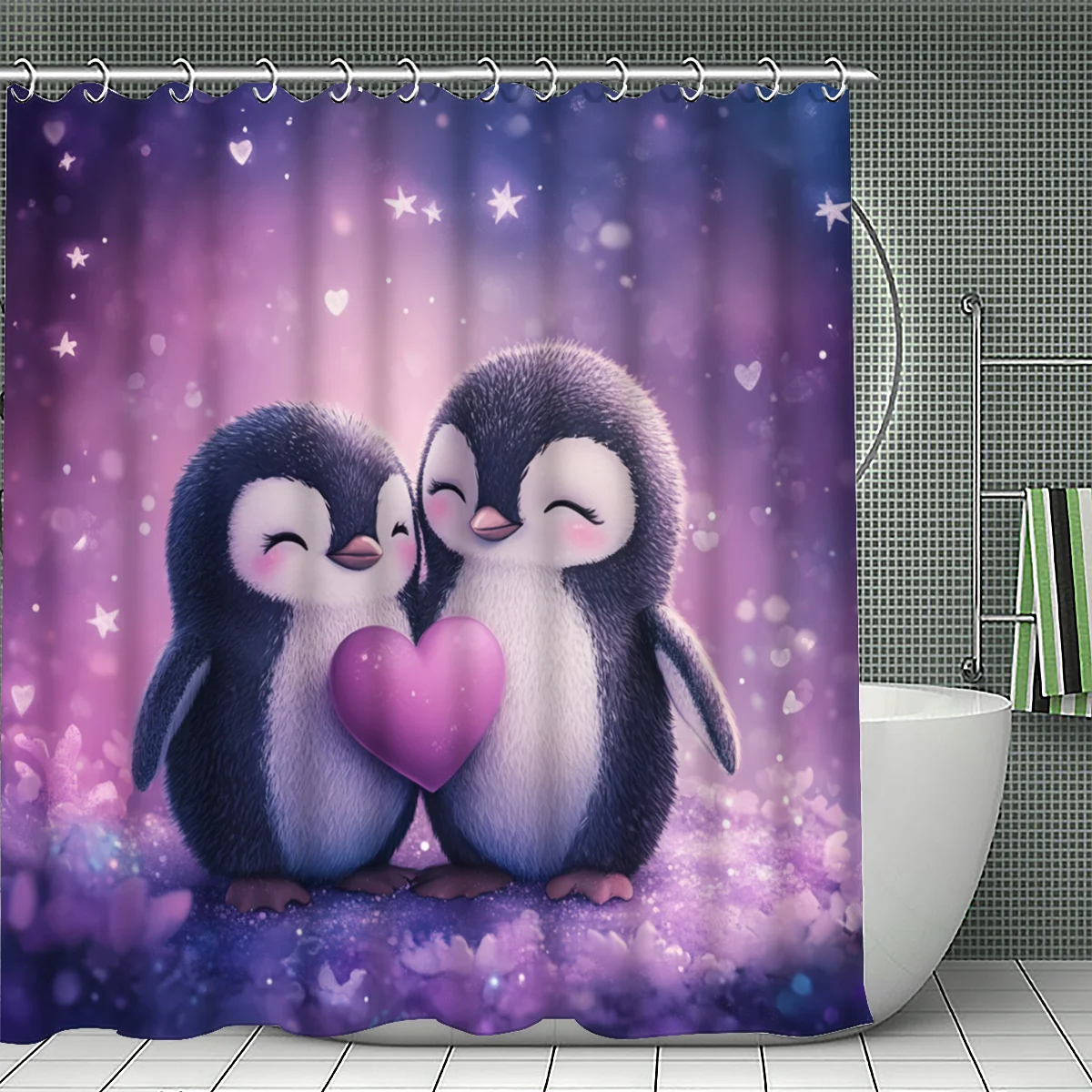 

cute penguin couple heart shower curtain for bathroom waterproof moisture proof privacy protection romantic style Quick Setup