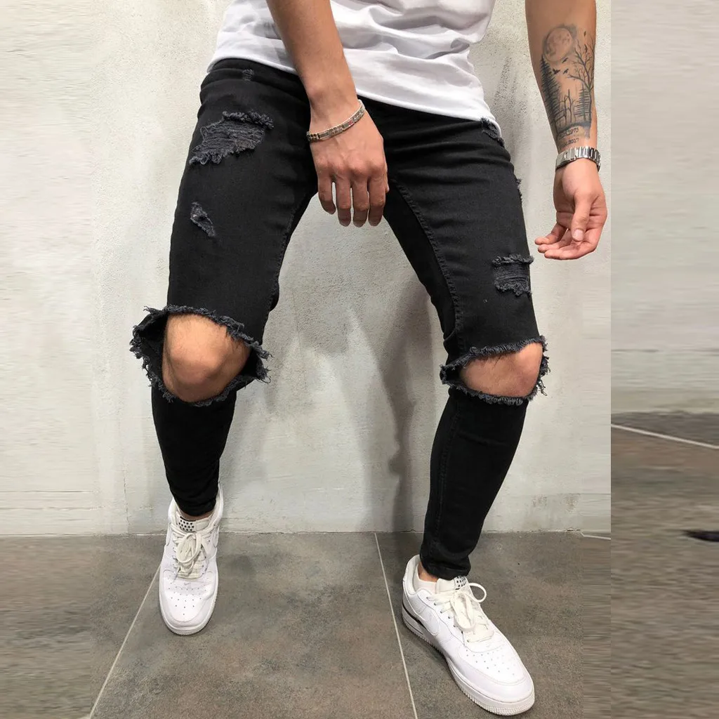 Men Pure Color Hole Denim Vintage Wash Hip Hop Work Trousers Jeans Pants Pants for Men Relaxed Fit