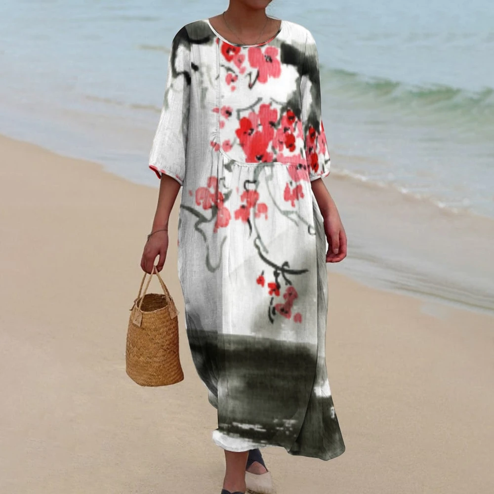 

Round Neck Women Casual Dresses Wide Skirt Oversized Ink Wash Painting Elegant Chinese Style Mid Sleeve Beach Wear Suit Summer