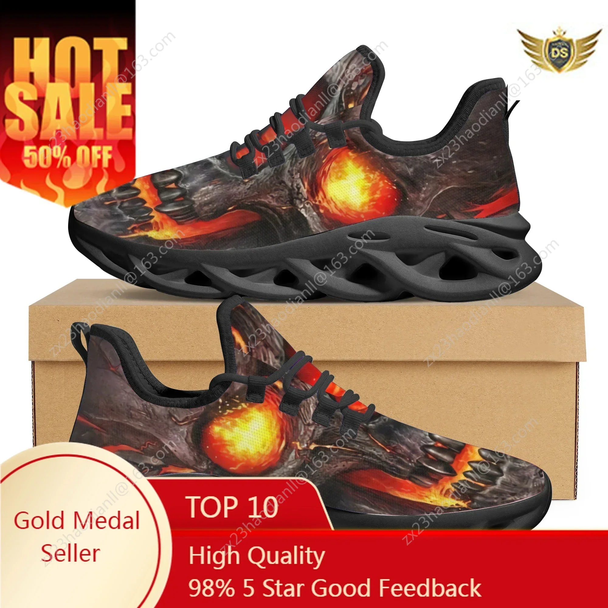 

Flaming Skull Print Soft Sole Mesh Lace Up Shoes Elegant Comfortable Ladies Flat Shoes New High Quality Non-slip Sneakers Female