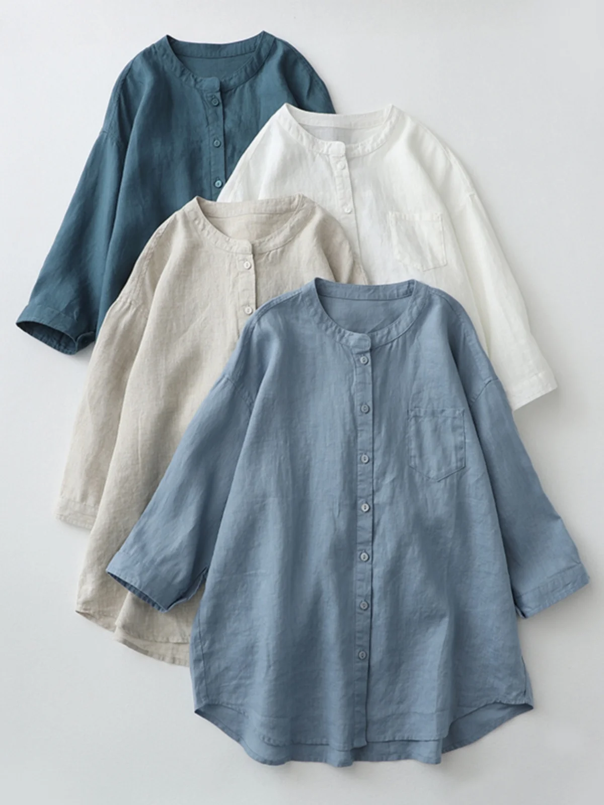 Ladies' Slim Fit Cotton Linen Shirt Summer Fashion Anti Aging Thin Model Stand Collar Pure Color Commute Style Button Detail