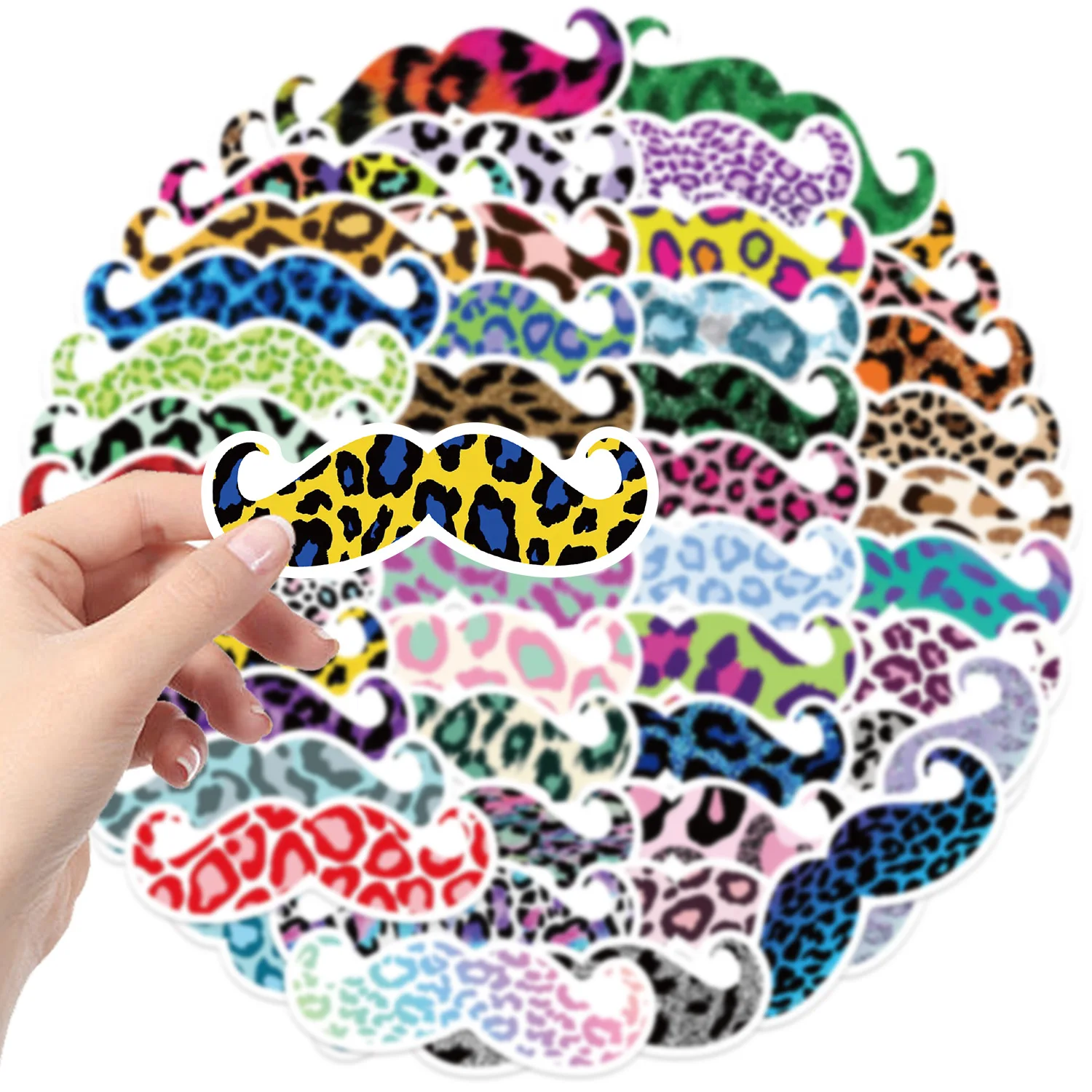 50 PCS Cartoon Leopard Mustache Colorful Fun Stickers Decorate Luggage Phone Case Office Desk Earphone Case Waterproof Decals