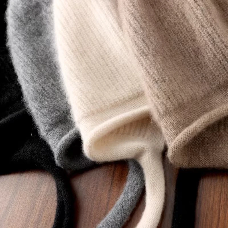 100%Pure Wool Women's Winter Hat Cute Lace-up Knitted Pullover Beanies Cap Fashion Warm Soft Knitted Solid Earflap Skullies Cap 4