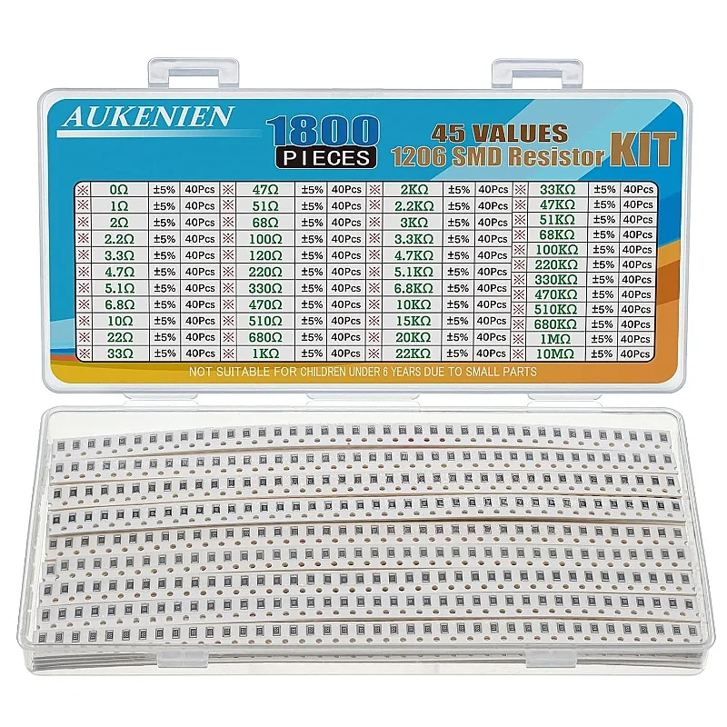 

AUKENIEN 1206 SMD Resistors 45 Values ​​1800 0R to 10M Ohm Resistors 1/4W Kit Assorted SMT Resistors with ±5% Tolerance