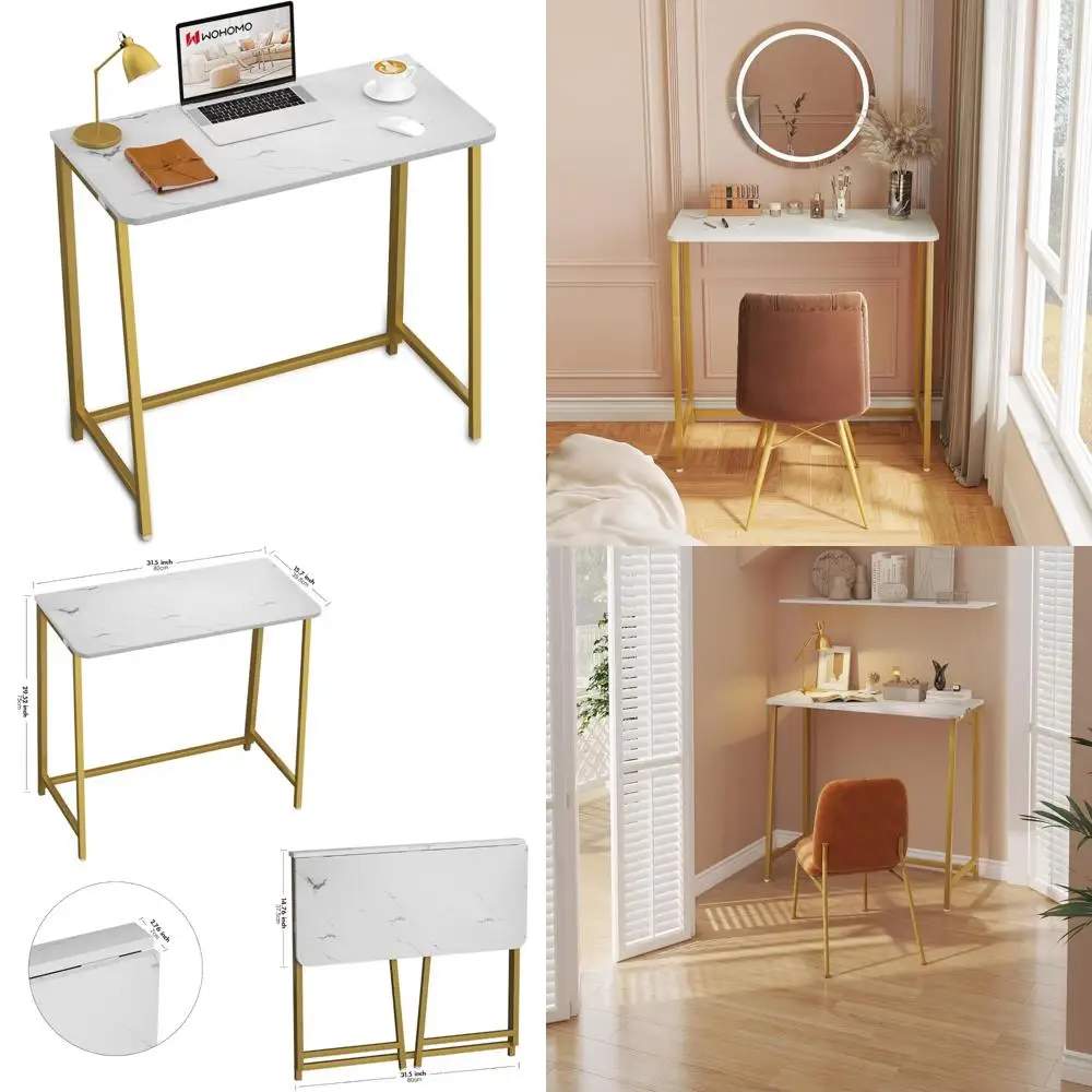 مكتب قابل للطي بمظهر رخامي بأرجل ذهبية للمساحات المدمجة، سهل التجميع، مكتب كمبيوتر محمول للاستخدام المنزلي والمكاتب