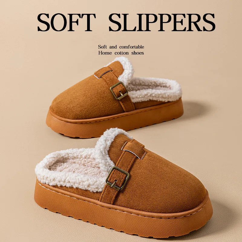 

Cotton Slippers Women Winter Faux Suede Warm Thick Plush Bottom Platform Borken Slippers Woman Non Slip Indoor Home Shoes Mujer