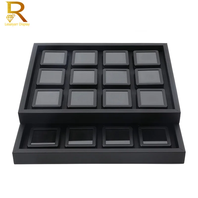 Modern Gem Stone Jar Display Box Diamond Jewelry Beads Coin Organizer Gemstone Jewellery Tray Storage Container Black PU Leather