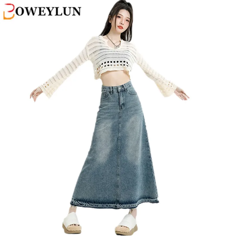 BOWEYLUN Nostalgic Blue Raw Edge Denim Skirt Women's Summer High-Waist Denim A-Line Half-Body Skirt Girls