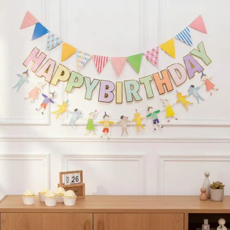 Cute Party Decor Bunting Banner 8/12Pcs Hands In Hands Boy Girl Cat Dog Print for Kids Playroom Birthday Decor