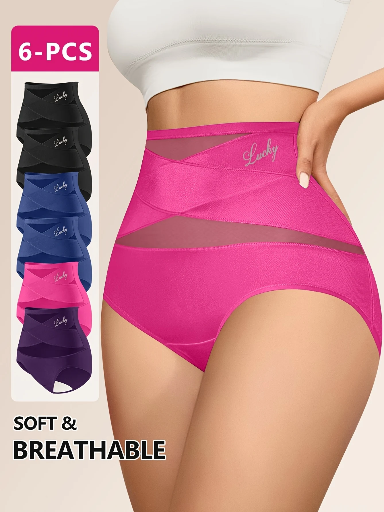 

6-Pack Breathable Mesh Cross-Waist Ice Sliky Fiber Fabric Seamless Shapewear Butt Lifter Tummy Control Panties Plus Size