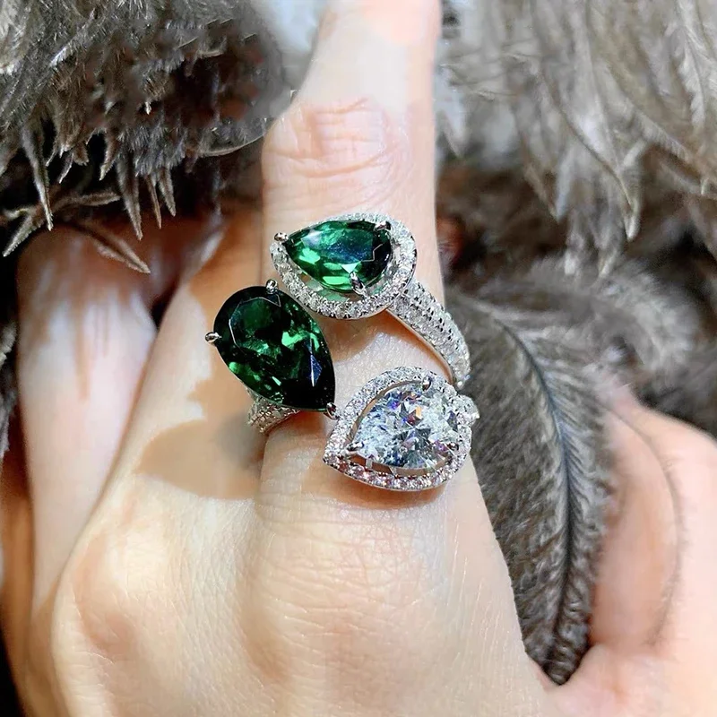 New Fashion Green Water Drop AAA Cubic Zirconia Open Rings for Women Girls Party Ring Wedding Friend Birthday Gift Jewelry
