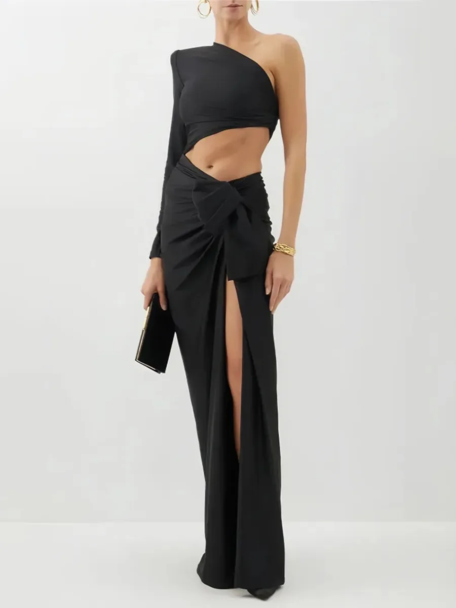 

Solid Hollow Out Spliced Folds Dresses For Women Diagonal Collar Long Sleeves High Waist Split Elegant Dress Female