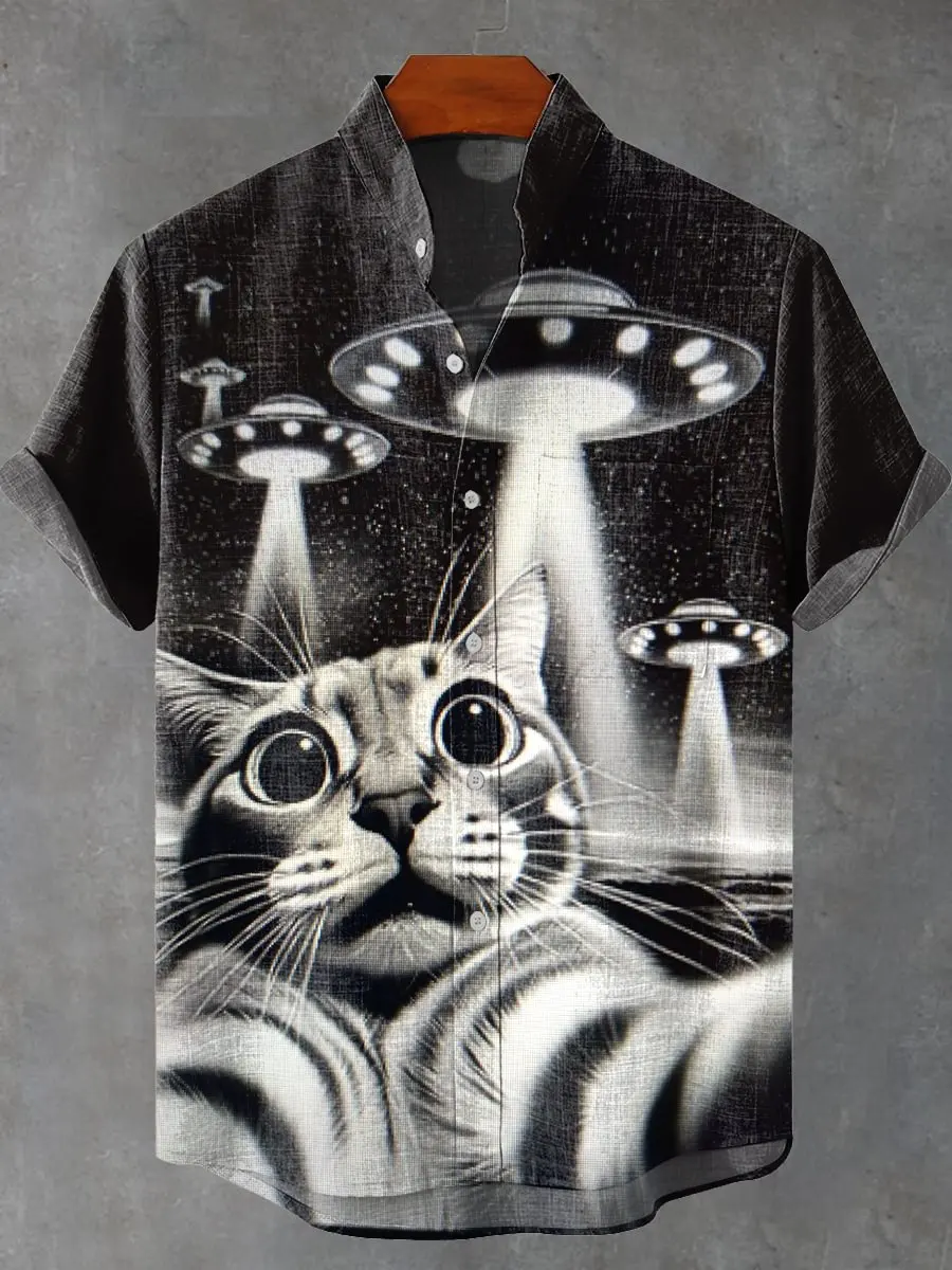 2025 fashionable 3D printed quirky cat animal pattern men's summer casual loose linen pocket short button up collar large shirt