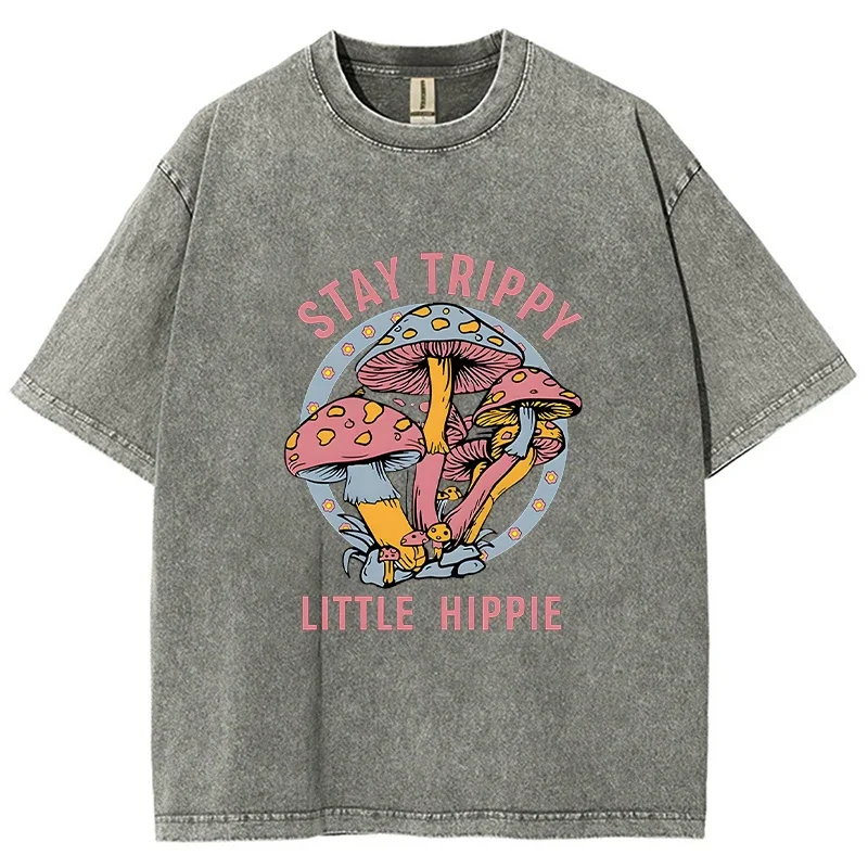 Stay Trippy Little Hippie Letter Mushroom Pattern Fashionable Cotton Round Neck Short Sleeved Men'S Retro Printed Washed T-Shirt