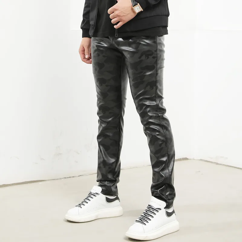 New Men's Small Stretch PU Pants Fashion Men's High Street Camouflage Slim Fit Small Foot Pants