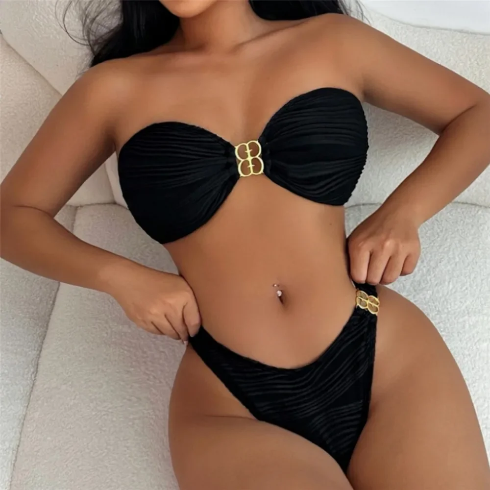 Black Texture Swimwear Back Knotted Bandeau Bikinis Sets Sexy Swimsuit Women Metal Ring High Cut Bathing Suit Bikini 2025 Mujer