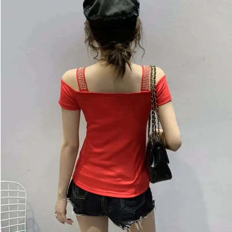 #5530 Stretch Cotton Short Off Shoulder T Shirt For Women V Neck Rivet Tight T Shirts Female Short Sleeved Slim Sexy Tops Summer