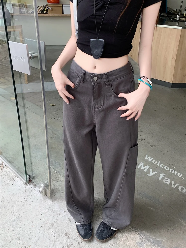 

plus Size American Style Deep Grey Wide Leg Workwear Pants Women's Autumn Winter New Loose Floor-Length Jeans High Waist