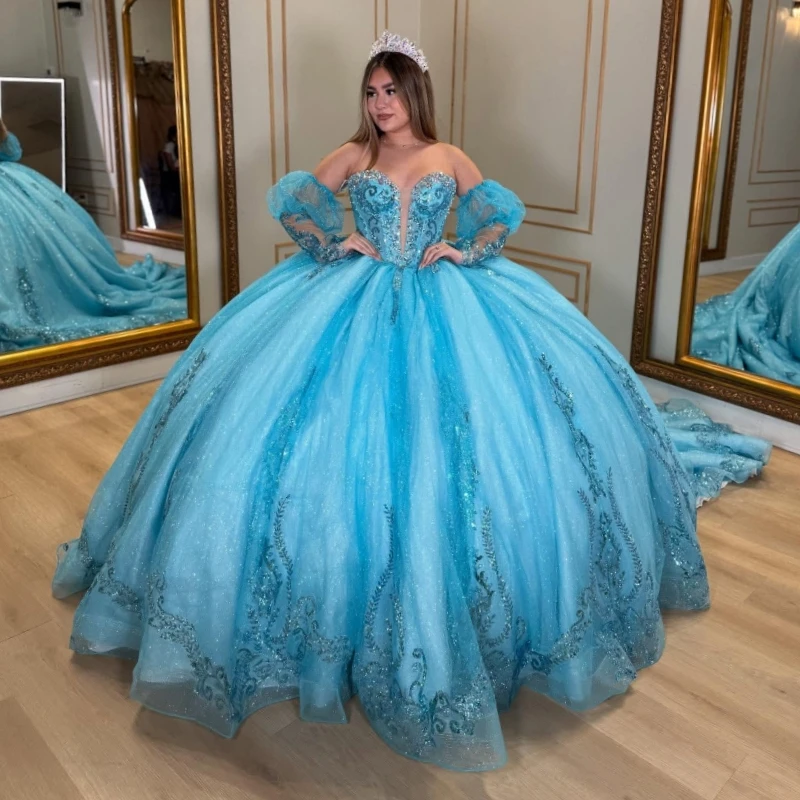 

Blue Shiny Quinceanera Dresses Ball Gown Off The Shoulder Applique Lace Beading Crystal Tull Corset Party Birthday Sweet 16