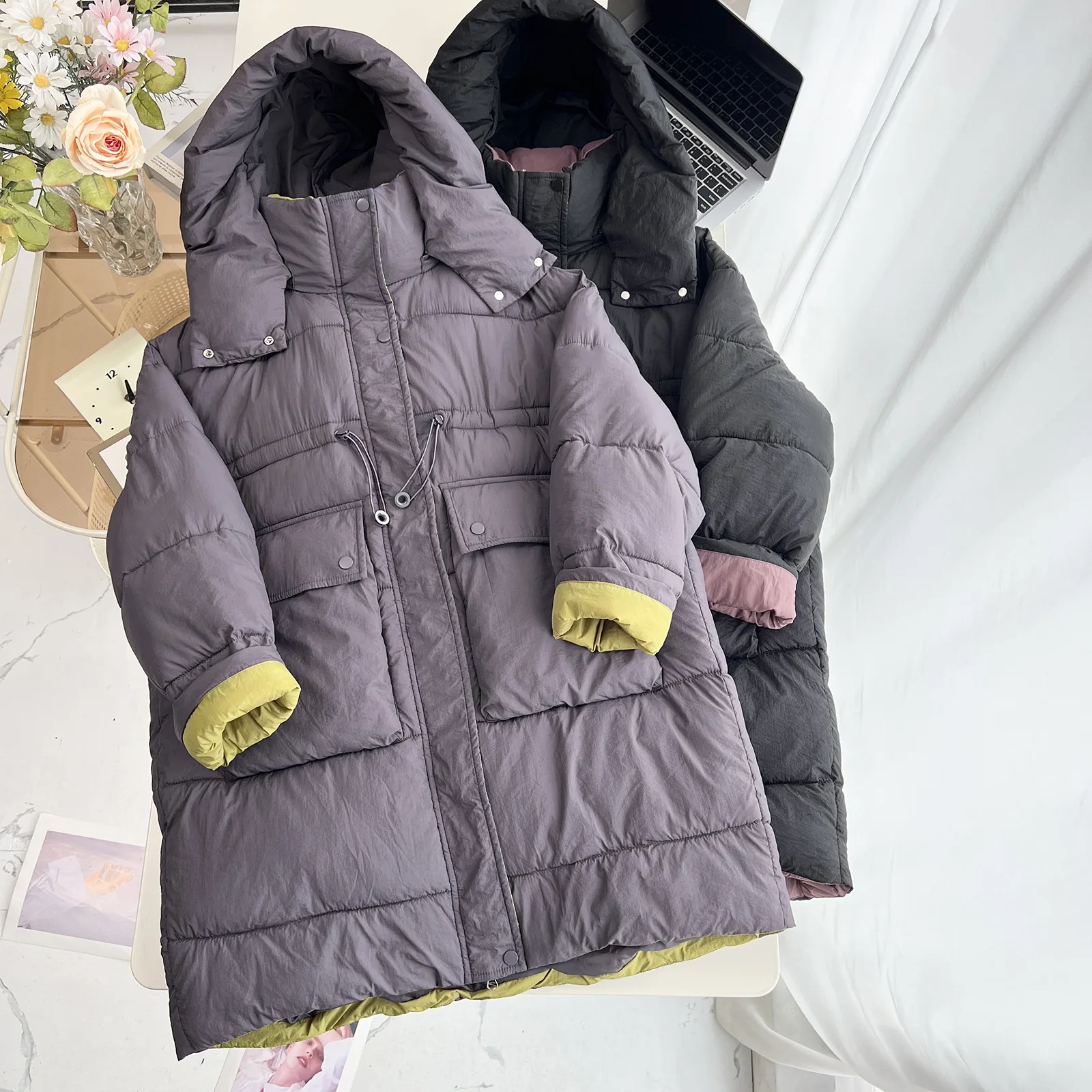 XXXXL موضة حجم كبير سترات نسائية جديدة بسيطة منتصف طول مقنعين وسادة مبطنة في الشتاء الدافئة كتلة اللون معطف 0658 #2