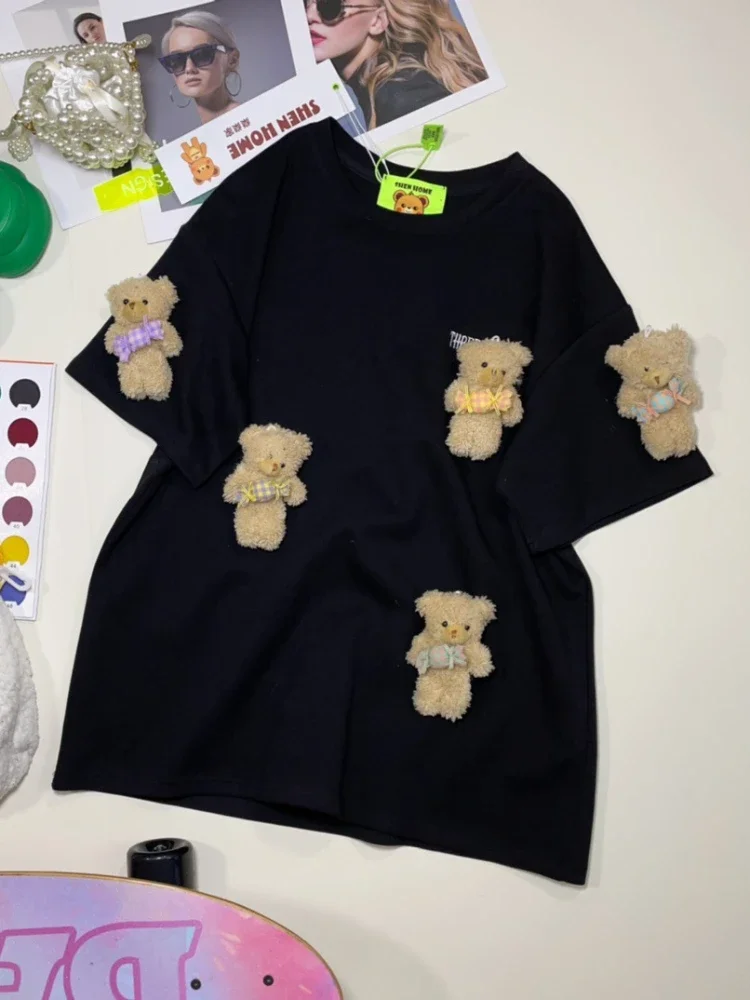 Korean Style Loose and Cute Bear Brooch Short-Sleeved T-shirt 2024 Spring Summer Crew Neck Casual Embroidered Solid Color Top