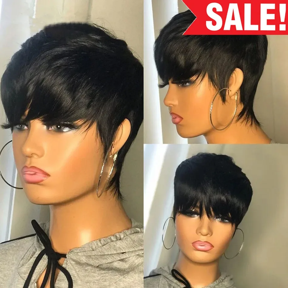 Parrucche corte per capelli umani Taglio pixie Parrucca diritta bresillienne per donne nere Parrucche fatte a macchina con frangia Parrucca economica