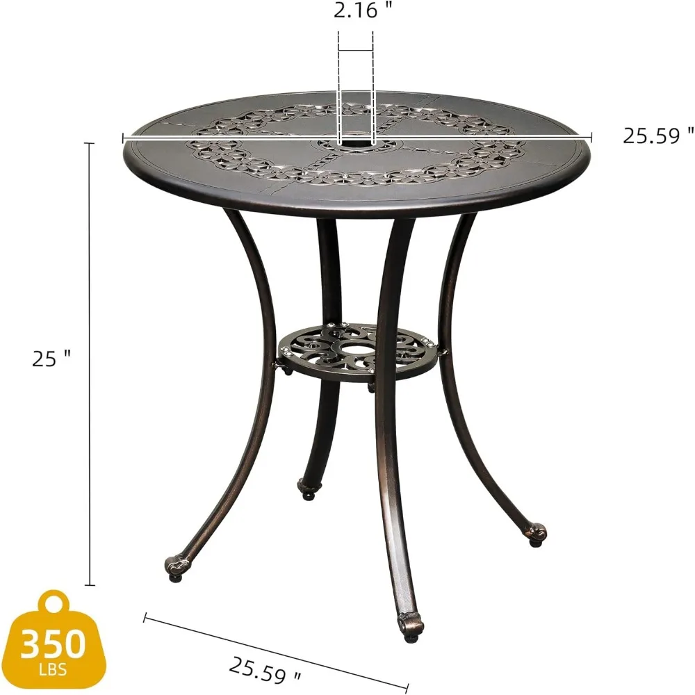 25 Inches Round Patio Dining Table with Umbrella Hole, Antique Cast Aluminum Outdoor Bistro Table Outdoor Side Table