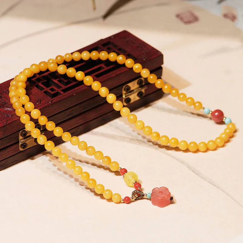 6mm Round Bead 108 Beads Chicken Oil Yellow Beeswax -Treasure Multi-Circle Hand Twisted Women's Bracelet