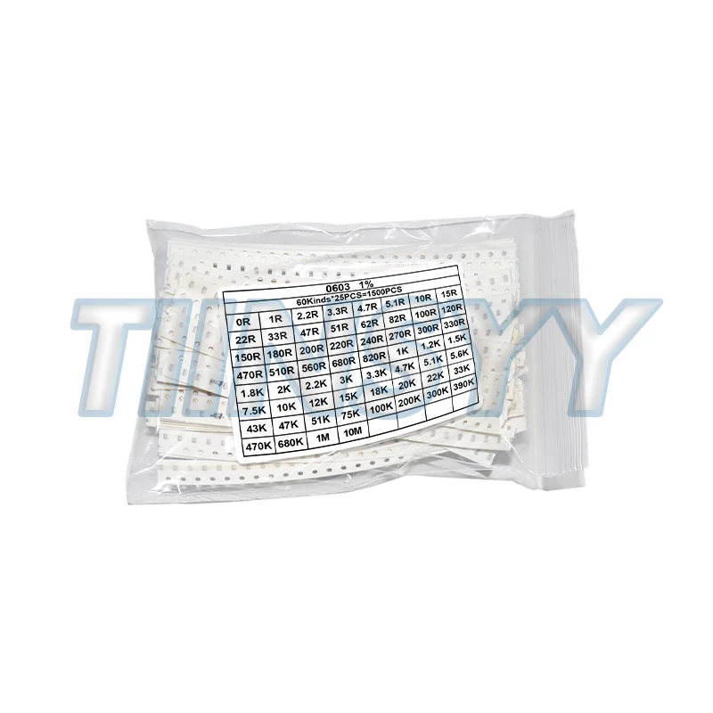 1500PCS/Set Resistors Assorted Set (60 Values X 25Pcs) SMD 0603 0805 0R-10M Ohm 1% High Precision Film Chip Resistance Kit