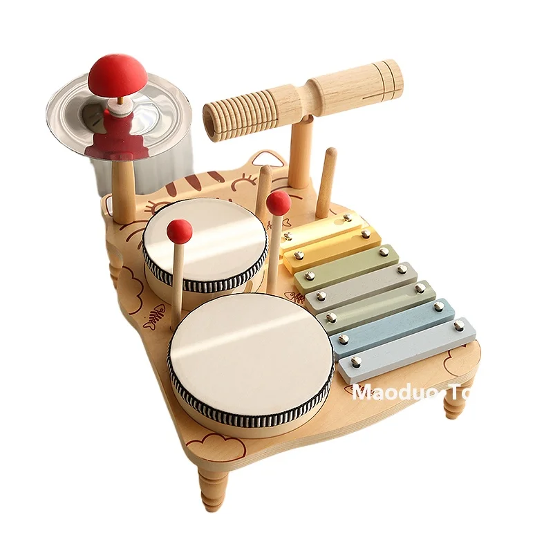 Multifunctional Wooden Drum Set Kitten Bandstand Children's Music Enlightenment Early Education Educational Toys Girls Boys GB