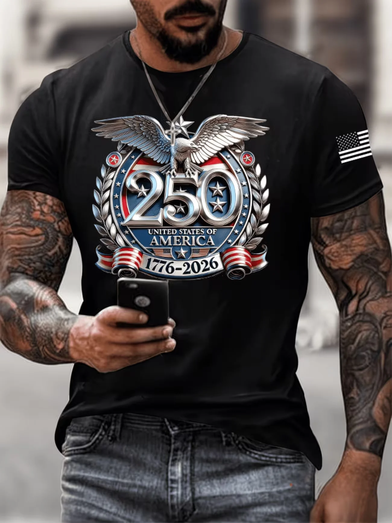 Mens 1776 2026 250 Years Of Freedom US Patriotic Eagle Print Short Sleeve Crew Neck T Shirt