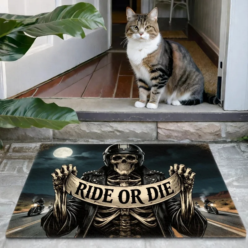 VIKAMA Ride Or Die Skeleton Biker Doormat Skull Rider Night Highway Motorcycle Print Non Slip Absorbent Floor Mat Man Cave Garag