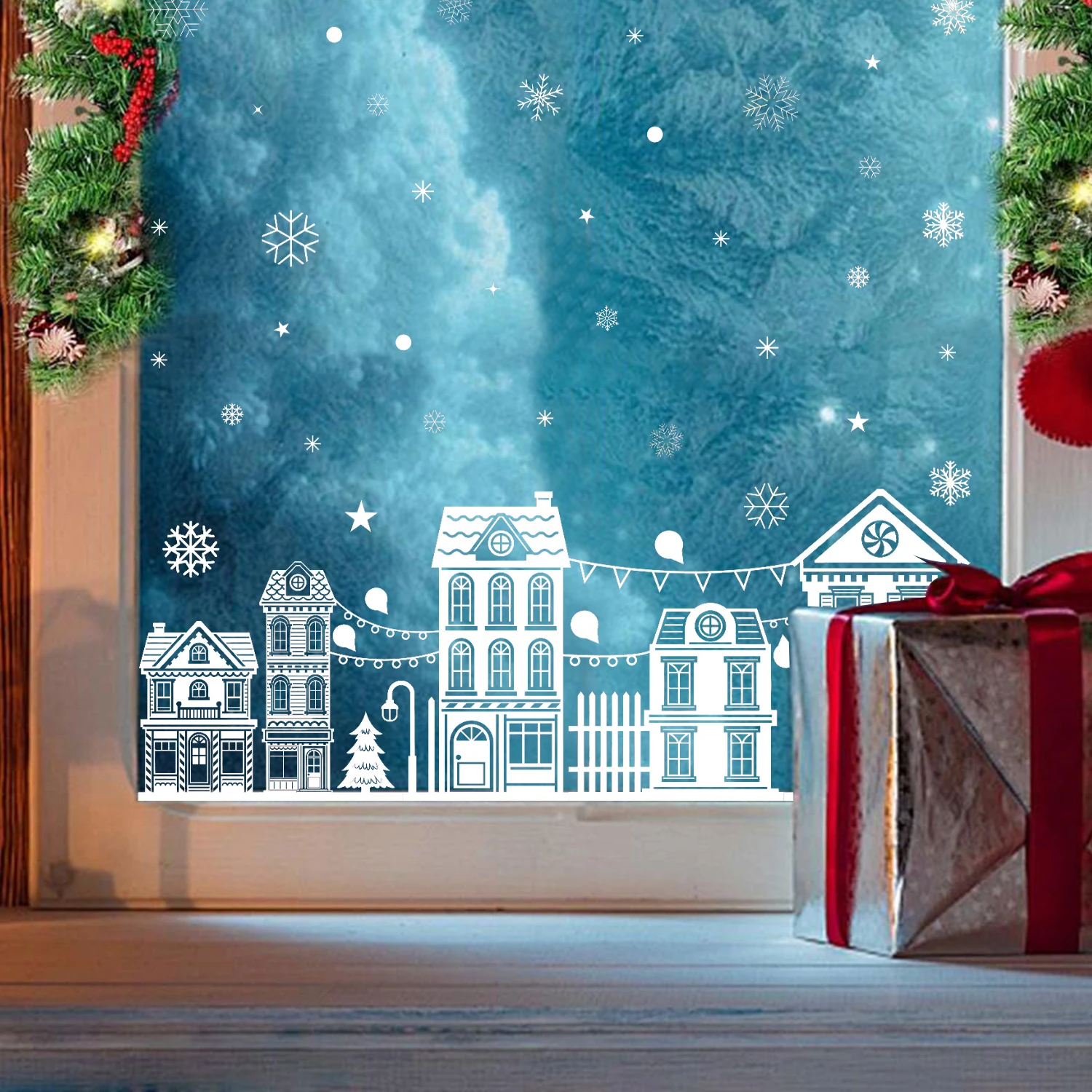 Weihnachten Schneeflocke dekorative Glas Aufkleber, weiße Schneeflocke Stern Haus Weihnachten Party liefert Schneehäuse Glas Aufkleber, Sui