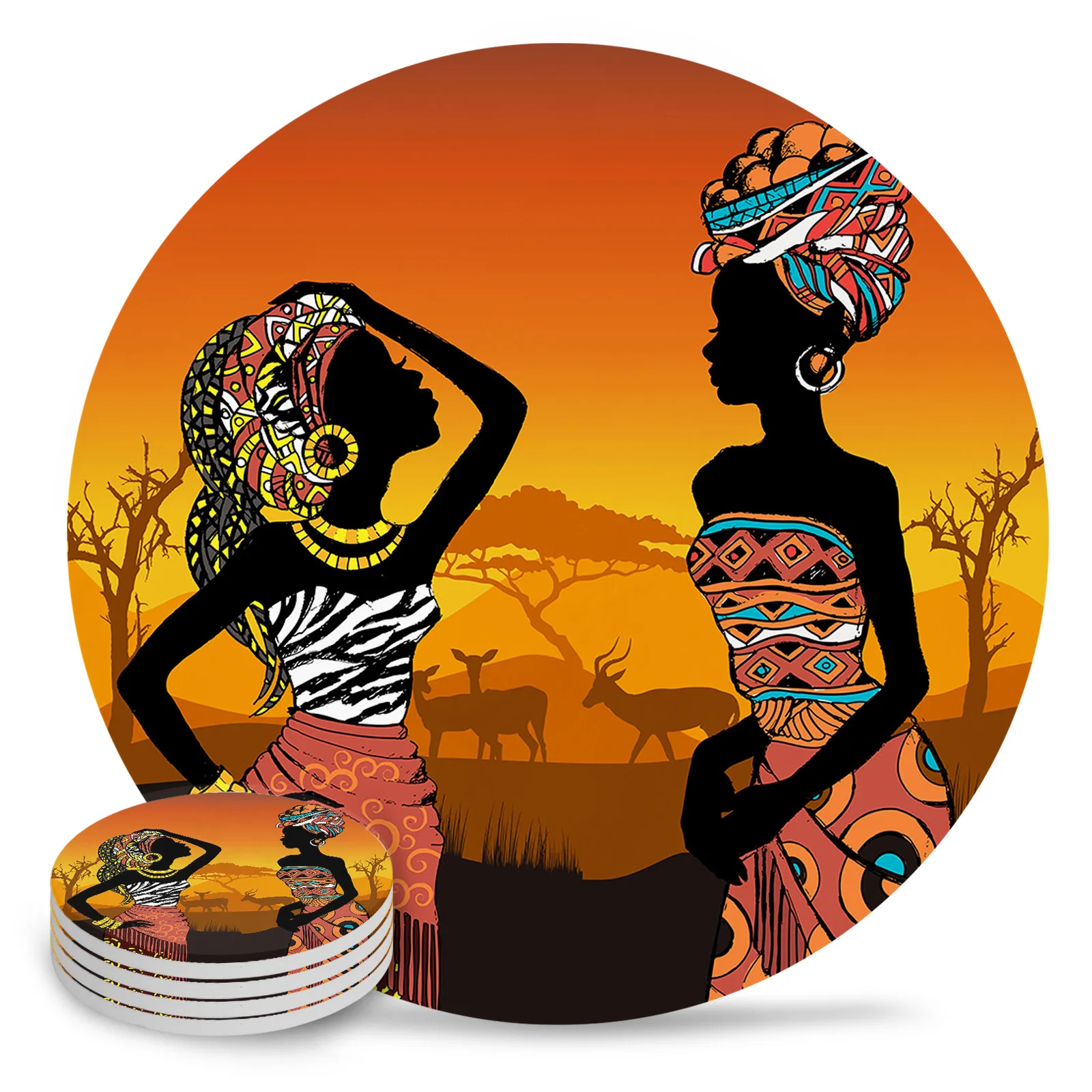 Ethnic Style African Women Black Women Round Coaster Coffee Table Mats Kitchen Accessories Absorbent Ceramic Coasters