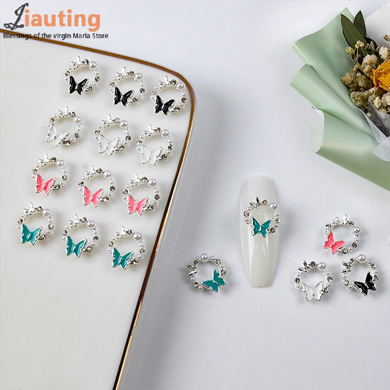 5PCS Butterfly Pearl Nail Oil Drop Alloy Jewelry Love Flower Wreath Nail Decoration Nail Salon DIY Accessories Manicure Drill