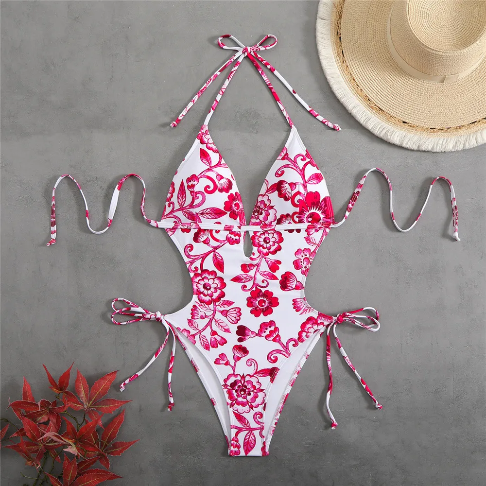 Vintage Blue Floral Print Swimwear String Halter Backless Sexy Swimsiut Women One Piece Hollow Out Monokini 2026 Bathing Suit view 5