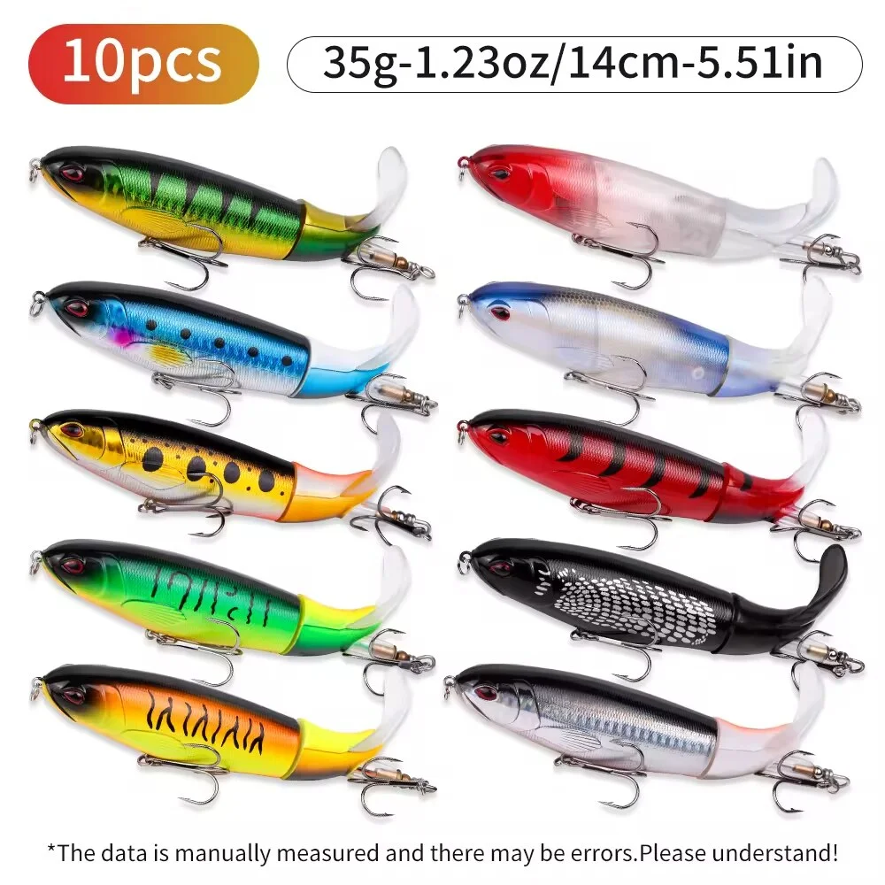 10Pcs Fishing Lure for Bass Whopper Topwater Fishing Lures with Floating Rotating Tail Barb Treble Hooks in Saltwater Freshwater