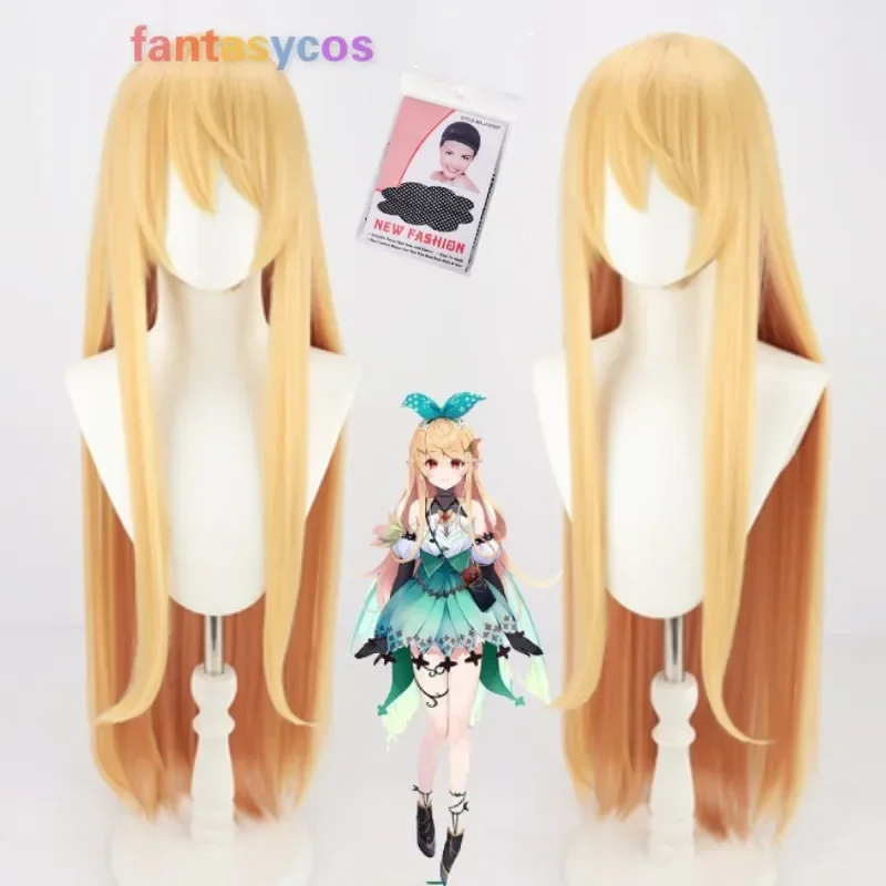 Vtuber Hololive Pomu Rainpuff Cosplay Wig 90cm Long Straight Golden Synthetic Hair Halloween Costume Role Play   Wig Cap