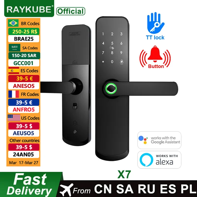 RAYKUBE Intelligence Door Lock TTlock APP BT Fingerprint 13.56mhz Card With Mortise Lock For Home/Hotel Smart X7